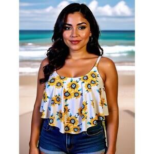 Sunflower Tankini Top Womens Sz M  Hanky Hem Flowy Tank bikini Bathing Top